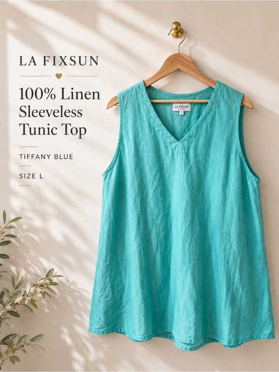 La Fixsun Tops - La Fixsun 100% Linen Sleeveless Tunic Top Tiffany Blue Size L